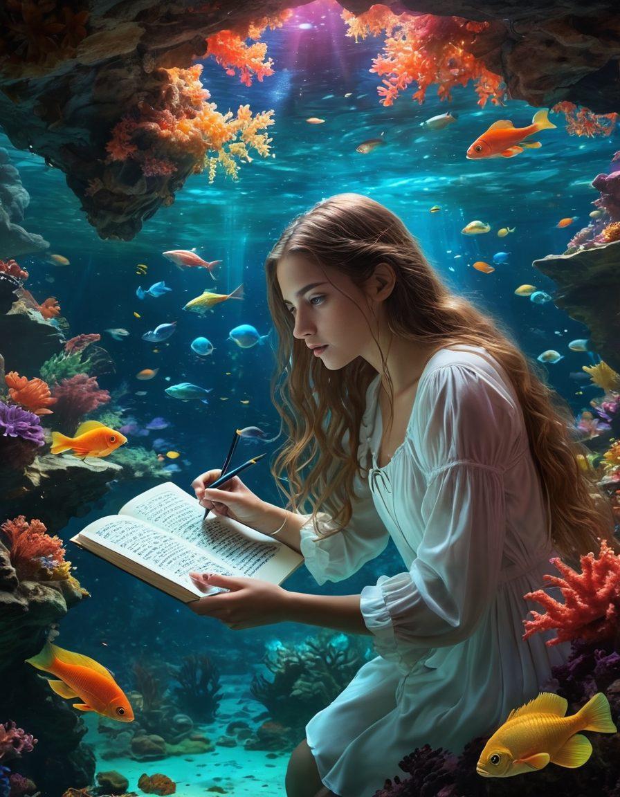 An enchanting underwater scene featuring a curious young woman named Alicia, exploring vibrant coral reefs and sparkling bioluminescent creatures. Surround her with mystical aquatic elements, such as schools of colorful fish and ancient shipwrecks, while she holds a journal filled with sketches and notes. The lighting should create an ethereal glow, enhancing the sense of discovery and creativity. super-realistic. vibrant colors. 3D.