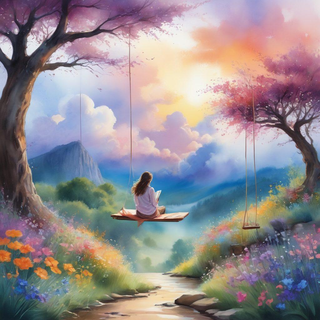 An enchanting, dreamlike scene depicting a whimsical landscape with a cozy reading nook surrounded by vibrant flowers and floating books. In the background, an ethereal sky with soft pastel hues and wisps of clouds symbolizes deep thoughts and creativity. A silhouette of a woman pondering while sitting on a dreamy swing, connecting daily musings and profound insights. watercolor style. vibrant colors.